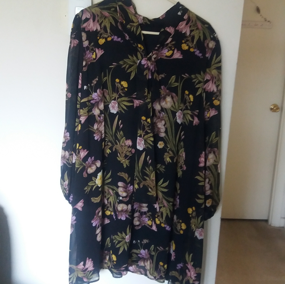 Long sleeve black floral swing dress - Picture 1 of 6
